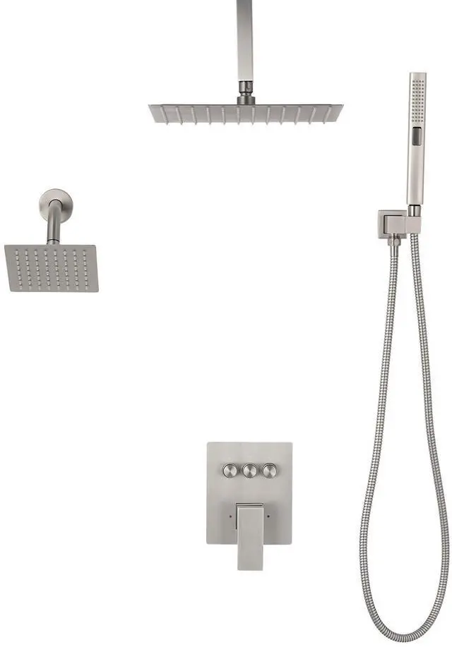 Alt view image 2 of 8 - VEVOR Shower Faucet Set, 10 Inch Ceiling Mount Rainfall Shower System with 6 Inch Wall Mount Head and 2 in 1 Handheld Spray, Rotatable 3-Function Dual Rain Head Brass Valve & Trim Kit, Brushed Nickel