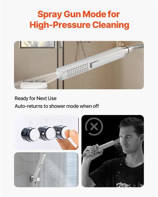 Alt view image 5 of 8 - VEVOR Shower Faucet Set, 12 Inch Thermostatic Ceiling Mount Rainfall Shower System with 6 Inch Wall Mount Head and 2 in 1 Handheld Spray, 3-Function Dual Rain Head Brass Valve and Trim Kit, Chrome