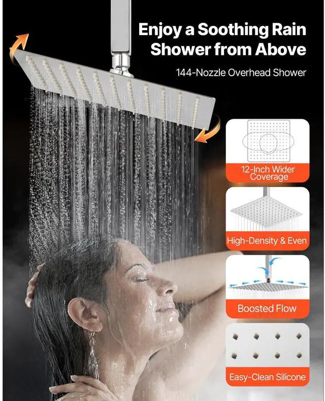 Alt view image 6 of 8 - VEVOR Shower Faucet Set, 12 Inch Thermostatic Ceiling Mount Rainfall Shower System with 6 Inch Wall Mount Head and 2 in 1 Handheld Spray, 3-Function Dual Rain Head Brass Valve and Trim Kit, Chrome