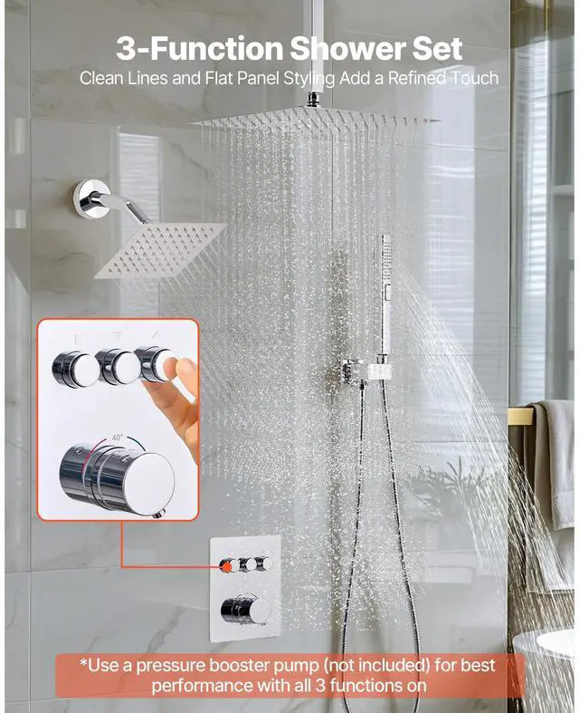 Alt view image 3 of 8 - VEVOR Shower Faucet Set, 12 Inch Thermostatic Ceiling Mount Rainfall Shower System with 6 Inch Wall Mount Head and 2 in 1 Handheld Spray, 3-Function Dual Rain Head Brass Valve and Trim Kit, Chrome