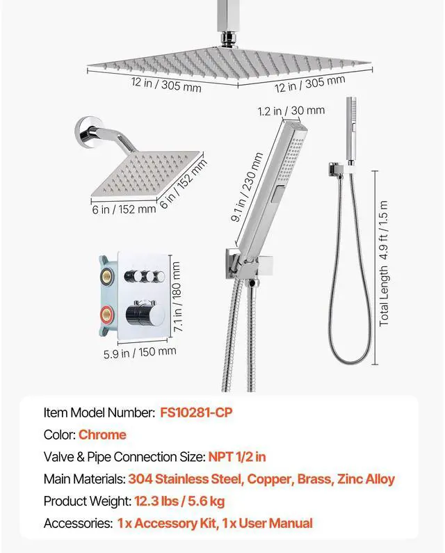 Alt view image 8 of 8 - VEVOR Shower Faucet Set, 12 Inch Thermostatic Ceiling Mount Rainfall Shower System with 6 Inch Wall Mount Head and 2 in 1 Handheld Spray, 3-Function Dual Rain Head Brass Valve and Trim Kit, Chrome