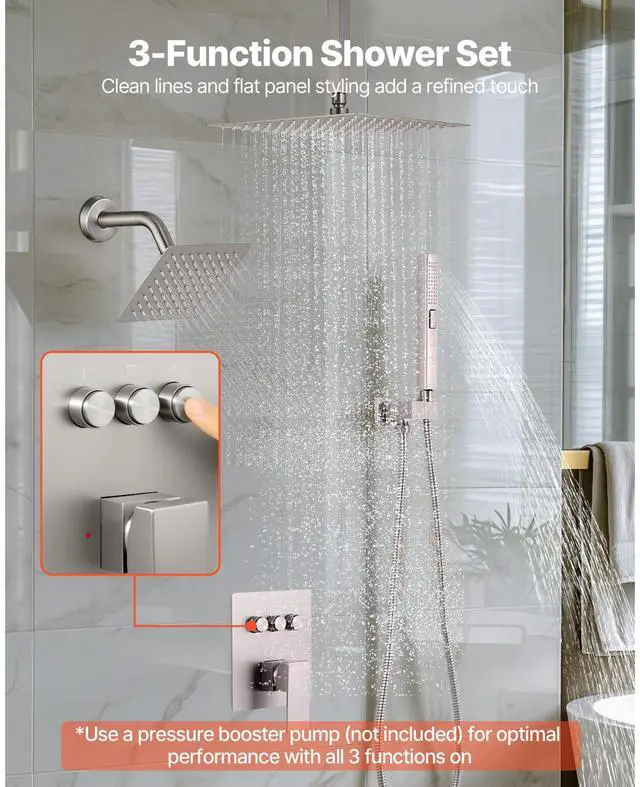 Alt view image 3 of 8 - VEVOR Shower Faucet Set, 10 Inch Ceiling Mount Rainfall Shower System with 6 Inch Wall Mount Head and 2 in 1 Handheld Spray, Rotatable 3-Function Dual Rain Head Brass Valve & Trim Kit, Brushed Nickel