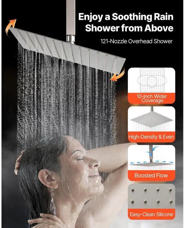 Alt view image 5 of 8 - VEVOR Shower Faucet Set, 10 Inch Ceiling Mount Rainfall Shower System with 6 Inch Wall Mount Head and 2 in 1 Handheld Spray, Rotatable 3-Function Dual Rain Head Brass Valve & Trim Kit, Brushed Nickel