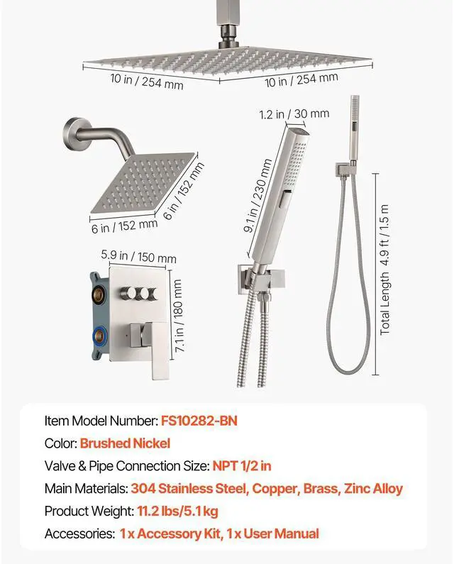 Alt view image 8 of 8 - VEVOR Shower Faucet Set, 10 Inch Ceiling Mount Rainfall Shower System with 6 Inch Wall Mount Head and 2 in 1 Handheld Spray, Rotatable 3-Function Dual Rain Head Brass Valve & Trim Kit, Brushed Nickel