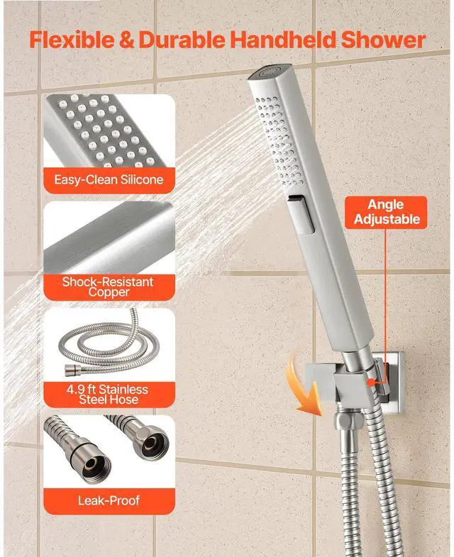 Alt view image 7 of 8 - VEVOR Shower Faucet Set, 10 Inch Ceiling Mount Rainfall Shower System with 6 Inch Wall Mount Head and 2 in 1 Handheld Spray, Rotatable 3-Function Dual Rain Head Brass Valve & Trim Kit, Brushed Nickel