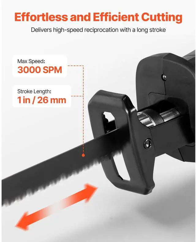 Alt view image 4 of 8 - VEVOR Cordless Reciprocating Saw, 20 V, 3000 SPM Variable Speed, 1 inch Stroke Length, Electric Reciprocating Saw with Battery, Charger, 8 Blades, and Carrying Bag, for Wood, Metal and Plastic Cutting
