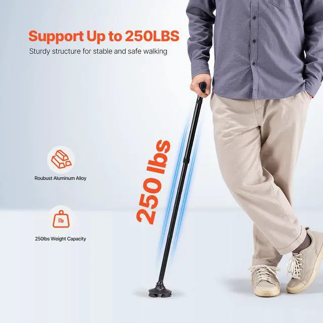 Alt view image 11 of 14 - VEVOR Walking Cane Folding Walking Stick with 8-Level Height & 4-Pronged Pivoting Base