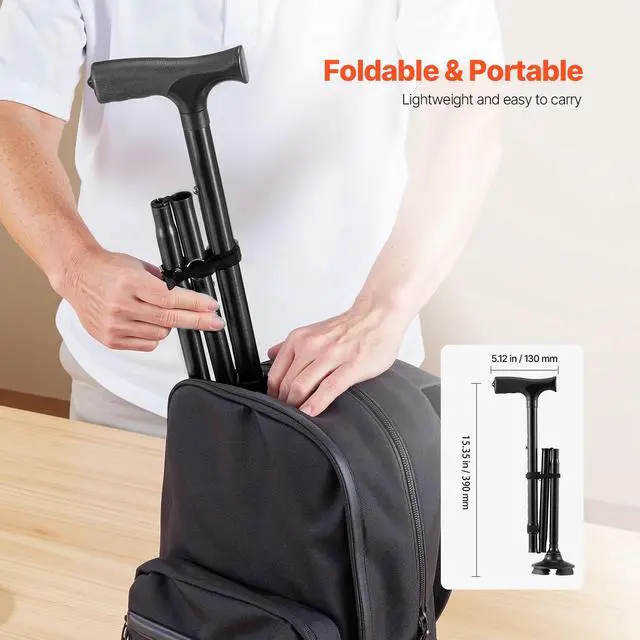 Alt view image 12 of 14 - VEVOR Walking Cane Folding Walking Stick with 8-Level Height & 4-Pronged Pivoting Base