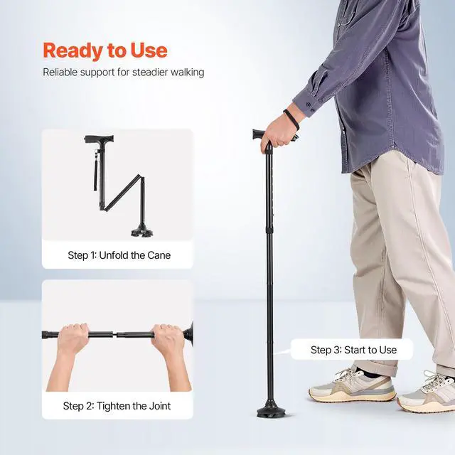 Alt view image 13 of 14 - VEVOR Walking Cane Folding Walking Stick with 8-Level Height & 4-Pronged Pivoting Base