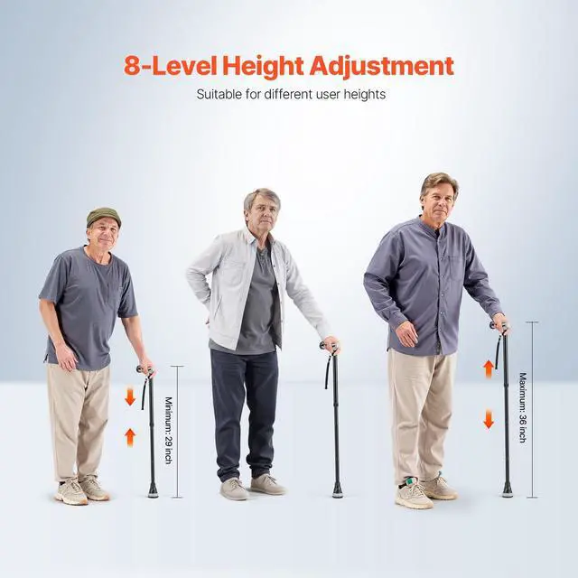 Alt view image 10 of 14 - VEVOR Walking Cane Folding Walking Stick with 8-Level Adjustable Height & Pivoting Tip