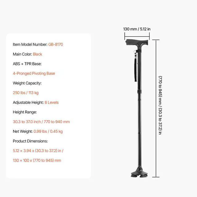 Alt view image 14 of 14 - VEVOR Walking Cane Folding Walking Stick with 8-Level Height & 4-Pronged Pivoting Base