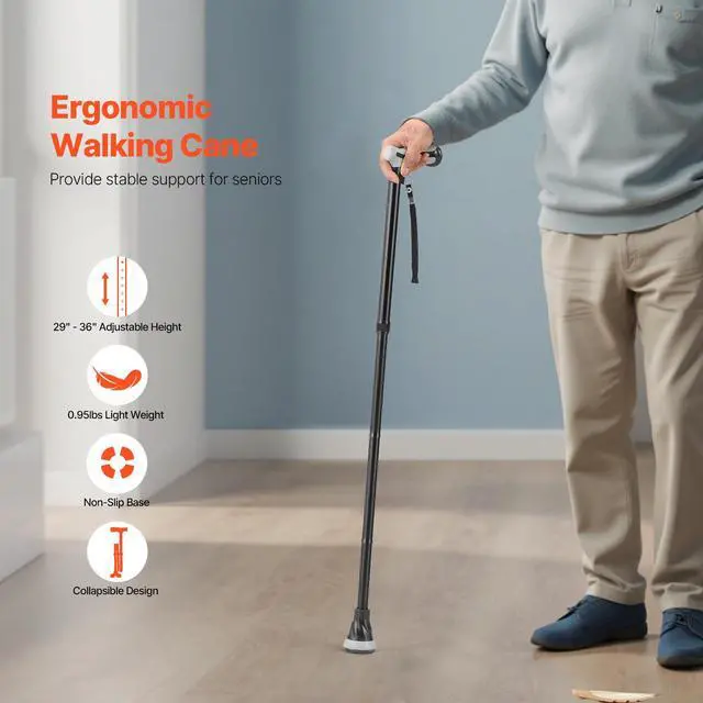 Alt view image 9 of 14 - VEVOR Walking Cane Folding Walking Stick with 8-Level Adjustable Height & Pivoting Tip