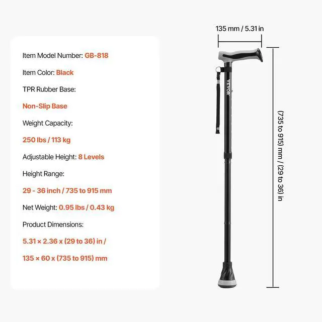 Alt view image 14 of 14 - VEVOR Walking Cane Folding Walking Stick with 8-Level Adjustable Height & Pivoting Tip