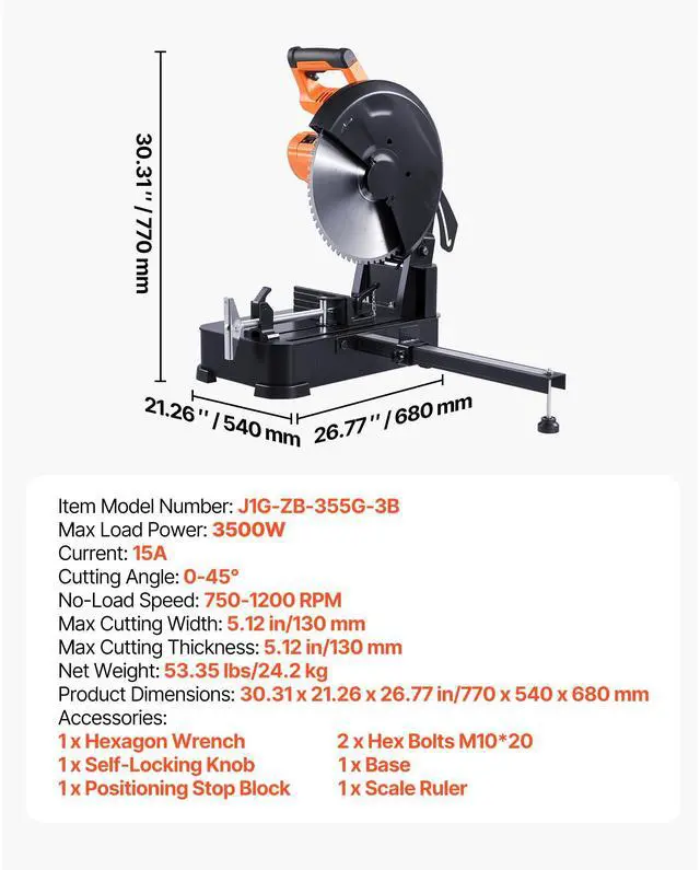 Alt view image 8 of 8 - VEVOR Chop Saw, 14-inch Stainless Steel Cold Cut Blade, 3500 W Powerful Brushless Motor, 750-1200 r/min Adjustable Speed, Metal Cutting Chop Saw for Metal Square and Flat Tubes, I-Shaped Steels