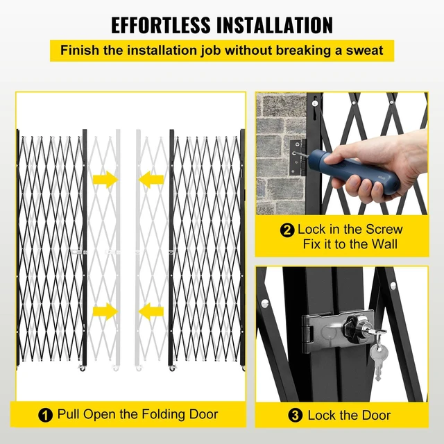 Alt view image 6 of 8 - Double Folding Security Gate, 5\' H x 10\' W Folding Door Gate, Steel Accordion Security Gate, Flexible Expanding Security Gate, 360° Rolling Barricade Gate, Scissor Gate or Door with Keys