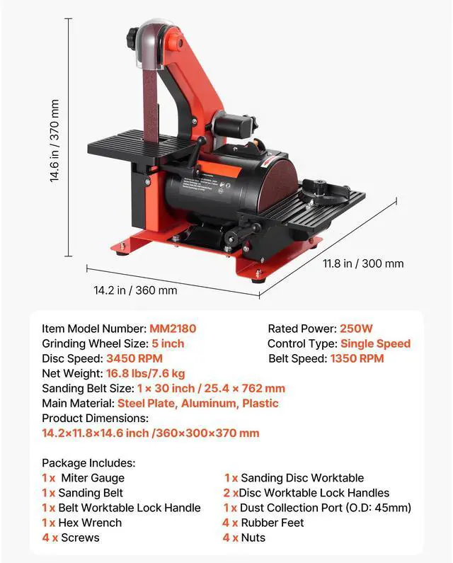 Alt view image 7 of 7 - 5" Disc Sander & 1" x 30" Belt Sander, 250W Benchtop Belt Disc Sanders Combo with 0 - 45° Adjustable Worktable & Dust Collection Ports for Woodworking, Furniture Refinishing, DIY Crafting