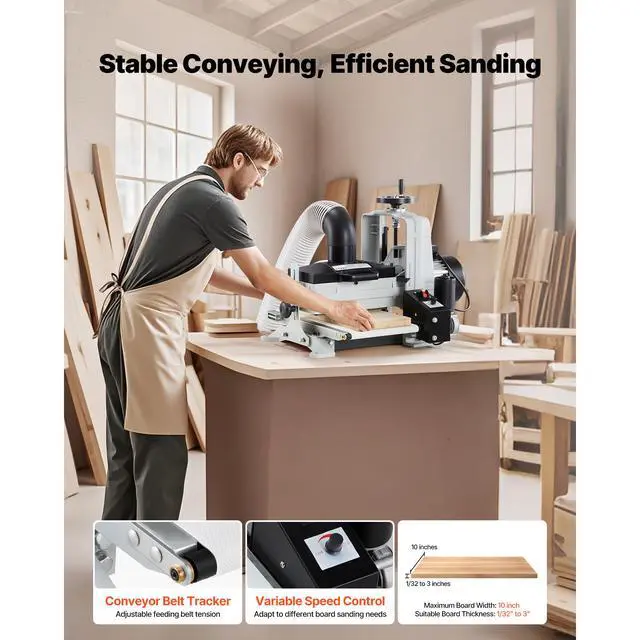 Alt view image 3 of 7 - 10" Benchtop Drum Sander, 1HP 1725RPM Dual Motor Drum Sander for Woodworking - Variable Speed Conveyor Belt & 4" Dust Collection Port for Cabinet Making & Furniture Finishing