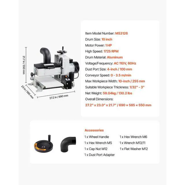 Alt view image 7 of 7 - 10" Benchtop Drum Sander, 1HP 1725RPM Dual Motor Drum Sander for Woodworking - Variable Speed Conveyor Belt & 4" Dust Collection Port for Cabinet Making & Furniture Finishing