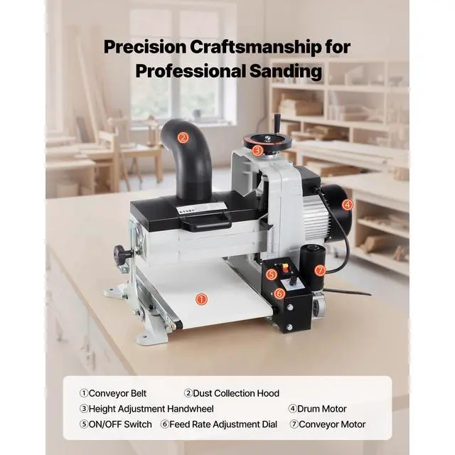 Alt view image 5 of 7 - 10" Benchtop Drum Sander, 1HP 1725RPM Dual Motor Drum Sander for Woodworking - Variable Speed Conveyor Belt & 4" Dust Collection Port for Cabinet Making & Furniture Finishing