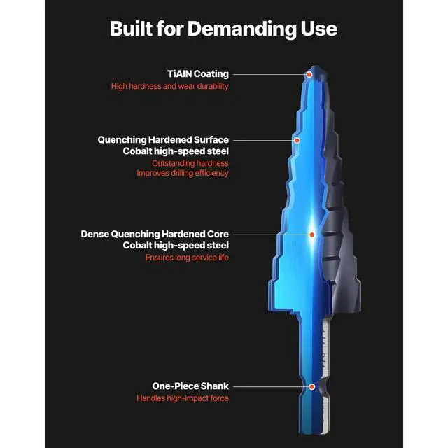 Alt view image 4 of 8 - VEVOR Step Drill Bit 1/4 to 3/4 inch with 1/4 inch Hex Shank High Speed Steel