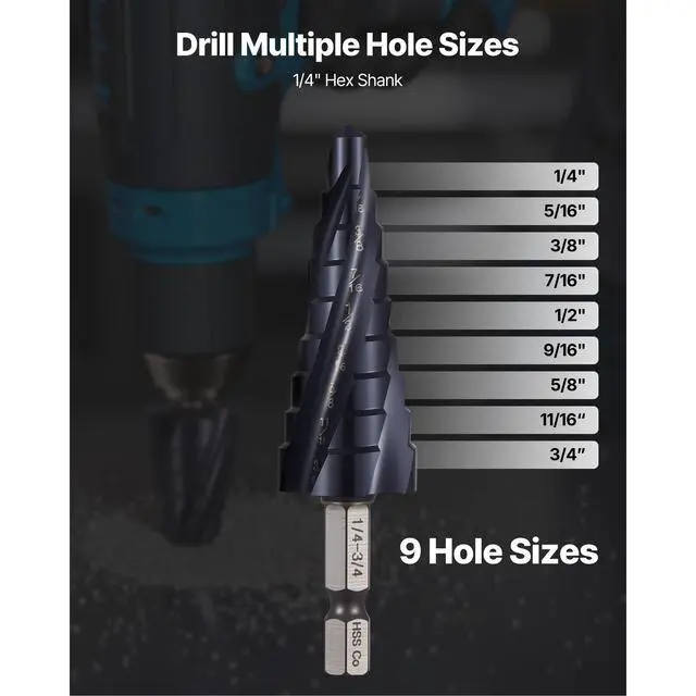 Alt view image 3 of 8 - VEVOR Step Drill Bit 1/4 to 3/4 inch with 1/4 inch Hex Shank High Speed Steel