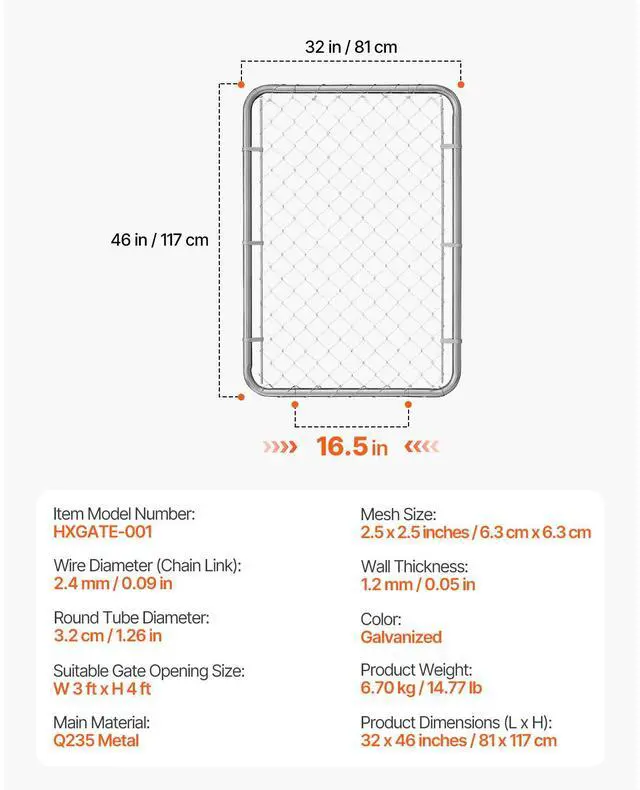 Alt view image 7 of 7 - Chain Link Fence Gate, 32 x 46 in, Adjustable Chain Link Fence Panel, Fit 2-6 ft (W) x 4 ft (H) Garden Fence Gate Opening, Rust-Resistant Galvanized Fencing Gate for Farm Posts Not Included