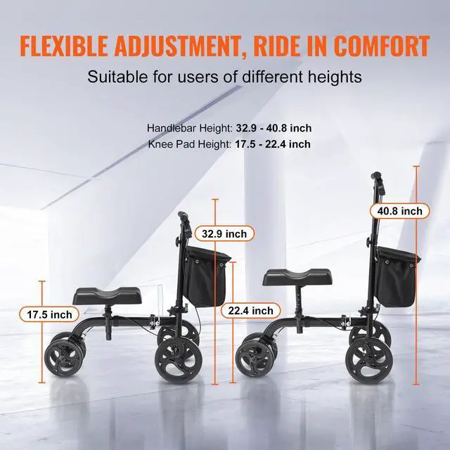 Alt view image 10 of 14 - VEVOR Folding Knee Scooter, Carbon Steel Steerable Knee Walker with Height-Adjustable Handlebar & Knee Pad, All-Terrain Solid Wheels, Dual Brakes, Leg Recovery Scooter for Broken Ankle Foot Injuries