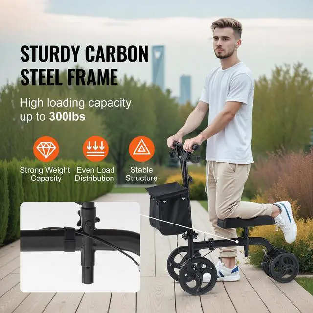 Alt view image 9 of 14 - VEVOR Folding Knee Scooter, Carbon Steel Steerable Knee Walker with Height-Adjustable Handlebar & Knee Pad, All-Terrain Solid Wheels, Dual Brakes, Leg Recovery Scooter for Broken Ankle Foot Injuries