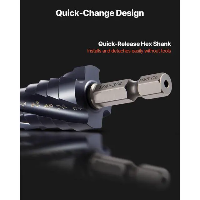 Alt view image 6 of 8 - VEVOR Step Drill Bit 1/4 to 3/4 inch with 1/4 inch Hex Shank High Speed Steel