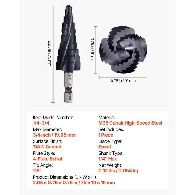 Alt view image 8 of 8 - VEVOR Step Drill Bit 1/4 to 3/4 inch with 1/4 inch Hex Shank High Speed Steel