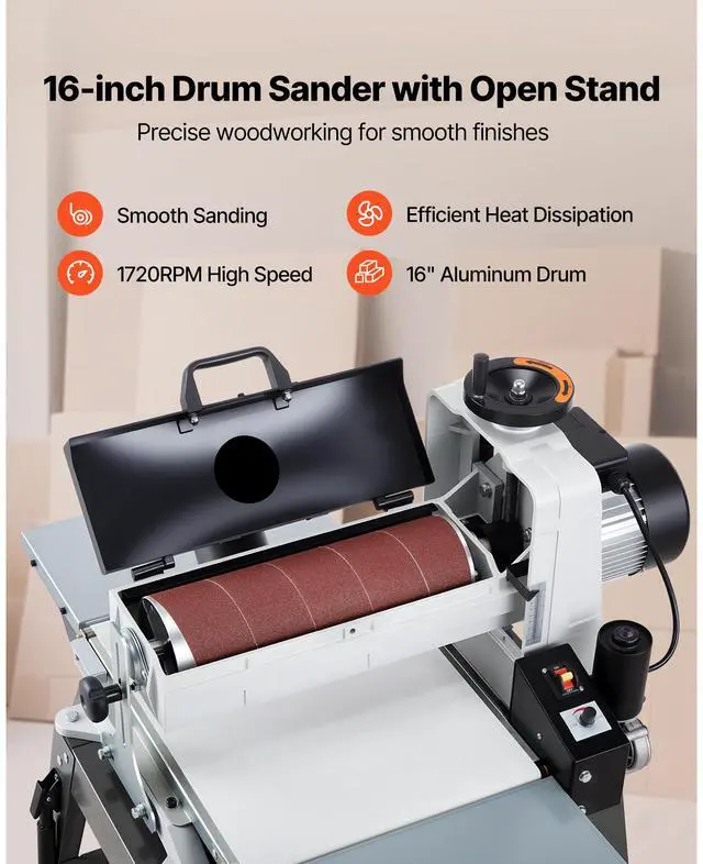 Alt view image 2 of 7 - 16" Drum Sander with Stand & Extension Tables, 1.5HP 1720RPM Dual Motor Drum Sander for Woodworking - Variable Speed Conveyor Belt, 4" Dust Collection Port for Cabinet & Furniture Finishing