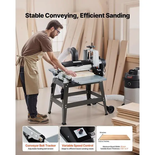 Alt view image 3 of 7 - 16" Drum Sander with Stand & Extension Tables, 1.5HP 1720RPM Dual Motor Drum Sander for Woodworking - Variable Speed Conveyor Belt, 4" Dust Collection Port for Cabinet & Furniture Finishing