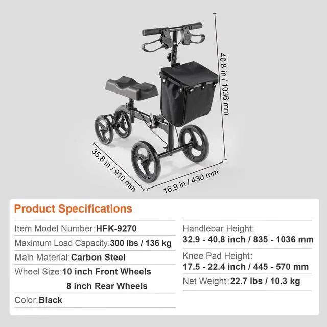 Alt view image 14 of 14 - VEVOR Folding Knee Scooter, Carbon Steel Steerable Knee Walker with Height-Adjustable Handlebar & Knee Pad, All-Terrain Solid Wheels, Dual Brakes, Leg Recovery Scooter for Broken Ankle Foot Injuries