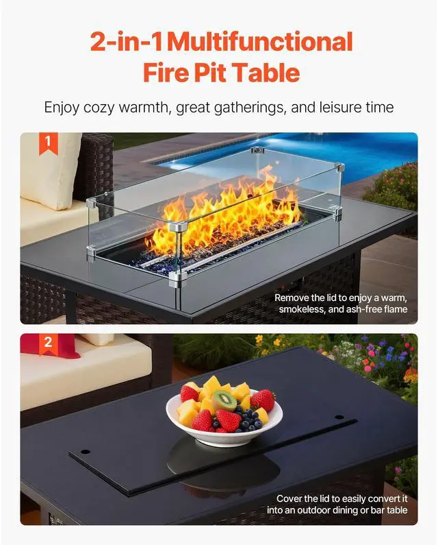 Alt view image 3 of 7 - 6-Piece Outdoor Patio Furniture Set, Wicker Rattan Outdoor Sectional Conversation Set with 50000BTU Propane Fire Pit Table, Cushioned Sofas, Coffee Table & Ottoman for Patio Garden Backyard