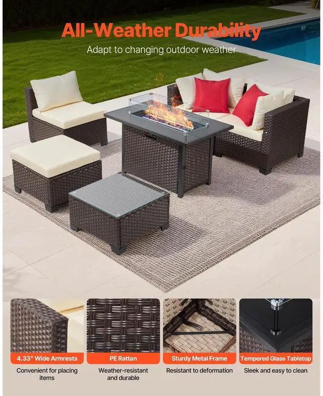 Alt view image 4 of 7 - 6-Piece Outdoor Patio Furniture Set, Wicker Rattan Outdoor Sectional Conversation Set with 50000BTU Propane Fire Pit Table, Cushioned Sofas, Coffee Table & Ottoman for Patio Garden Backyard