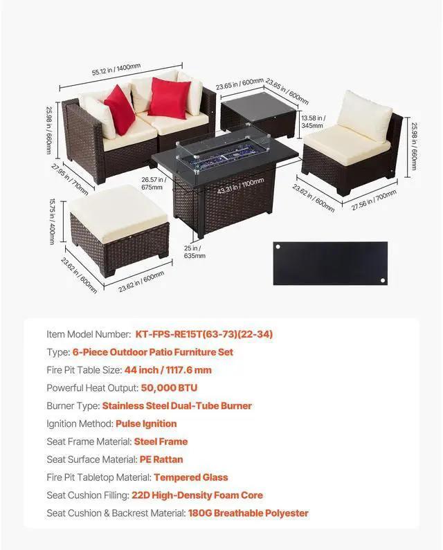 Alt view image 7 of 7 - 6-Piece Outdoor Patio Furniture Set, Wicker Rattan Outdoor Sectional Conversation Set with 50000BTU Propane Fire Pit Table, Cushioned Sofas, Coffee Table & Ottoman for Patio Garden Backyard