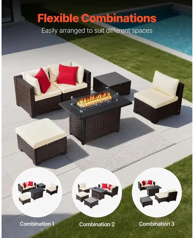 Alt view image 6 of 7 - 6-Piece Outdoor Patio Furniture Set, Wicker Rattan Outdoor Sectional Conversation Set with 50000BTU Propane Fire Pit Table, Cushioned Sofas, Coffee Table & Ottoman for Patio Garden Backyard