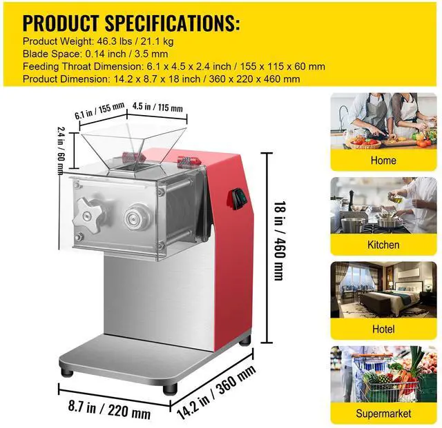 Alt view image 7 of 7 - Commercial Meat Cutting Machine, 551 Lbs/H 850W Meat Shredding Machine, 3.5mm Blade Electric Meat Cutter, Stainless Steel Restaurant Food Cutter, for Kitchen Supermarket Lamb Beef Chicken, Red