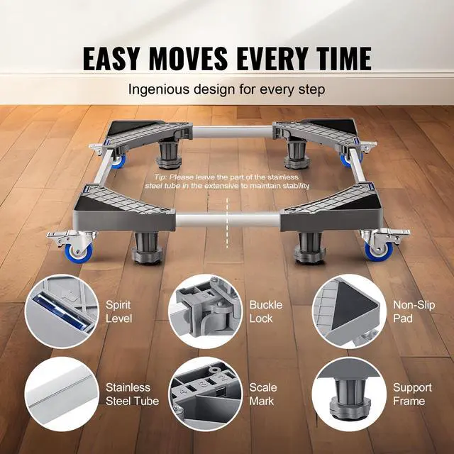 Alt view image 9 of 14 - VEVOR Mini Fridge Stand, 400 lbs Load, 4 Strong Feet, 4 Locking Swivel Wheels, Washer and Dryer Pedestal, Multi-Functional Adjustable Base for Washing Machine, and Refrigerator, Universal Mobile Base