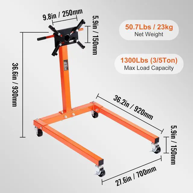 Alt view image 15 of 15 - VEVOR Engine Stand, 1300 lbs (3/5 Ton) Rotating Engine Motor Stand with 360 Degree Adjustable Head, Cast Iron Motor Hoist Dolly, 4-Caster, 4 Adjustable Arms, for Vehicle Maintenance, Auto Repair