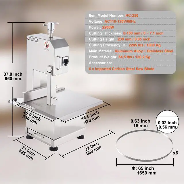 Alt view image 8 of 8 - VEVOR Commercial Electric Meat Bandsaw, 2200W Stainless Steel Countertop Bone Sawing Machine, Workbeach 18.5" x 20.9", 0-7.1 Inch Cutting Thickness, Frozen Meat Cutter with 6 Blades for Rib Pork Beef