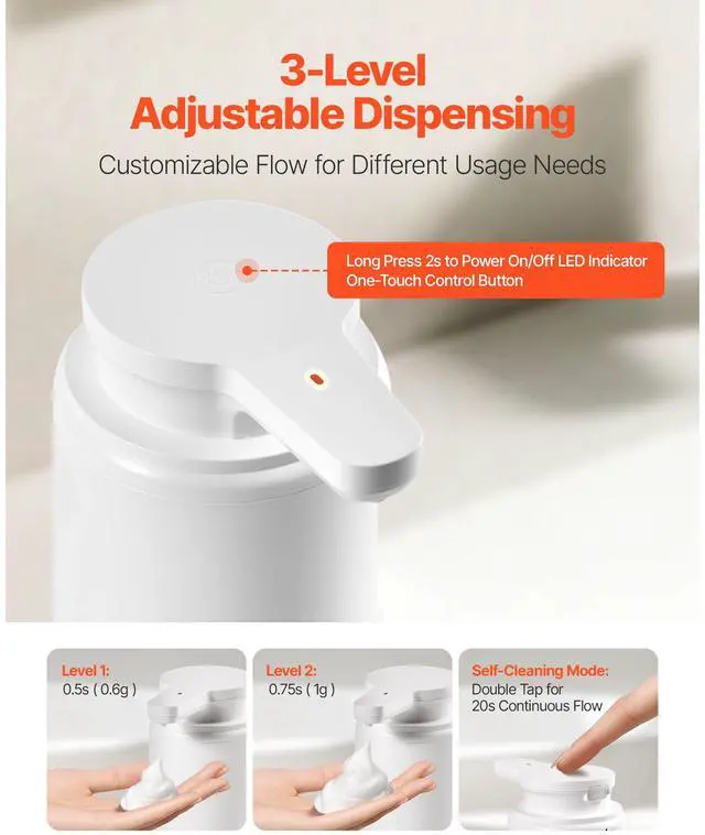 Alt view image 4 of 8 - VEVOR Soap Dispenser, 300 ml / 10 oz, Rechargeable Automatic Hand Soap Dispenser with Pump, 2 Adjustable Levels, Modern Touchless Liquid Foam Container with Indicator for Bathroom and Kitchen, White