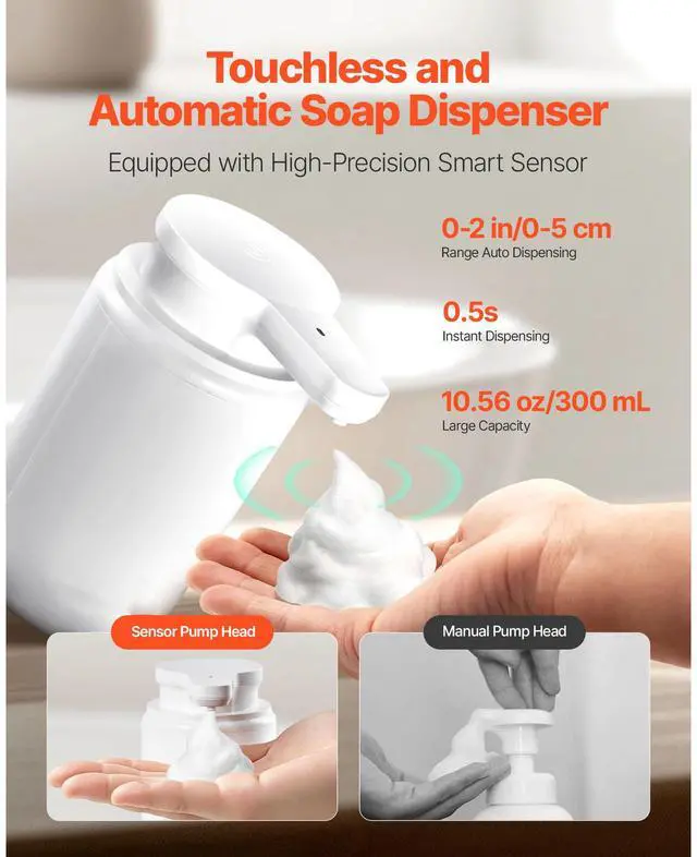 Alt view image 3 of 8 - VEVOR Soap Dispenser, 300 ml / 10 oz, Rechargeable Automatic Hand Soap Dispenser with Pump, 2 Adjustable Levels, Modern Touchless Liquid Foam Container with Indicator for Bathroom and Kitchen, White