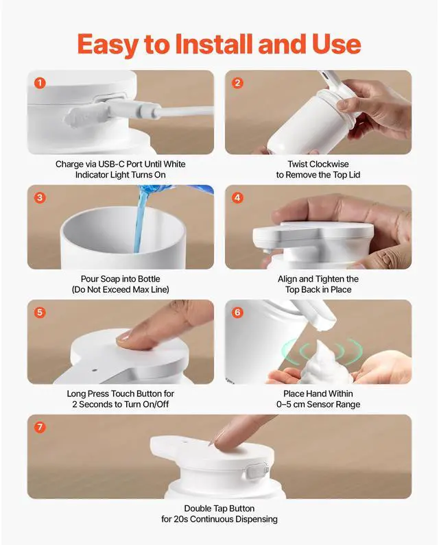 Alt view image 8 of 8 - VEVOR Soap Dispenser, 300 ml / 10 oz, Rechargeable Automatic Hand Soap Dispenser with Pump, 2 Adjustable Levels, Modern Touchless Liquid Foam Container with Indicator for Bathroom and Kitchen, White