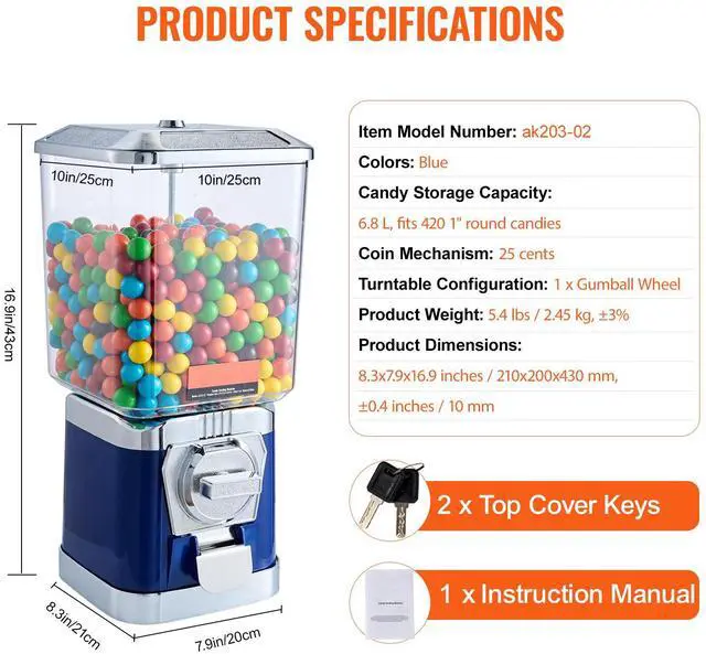 Alt view image 8 of 8 - VEVOR 17"H Gumball Machine Vending Coin Bank Vintage Candy Dispenser PC Bule