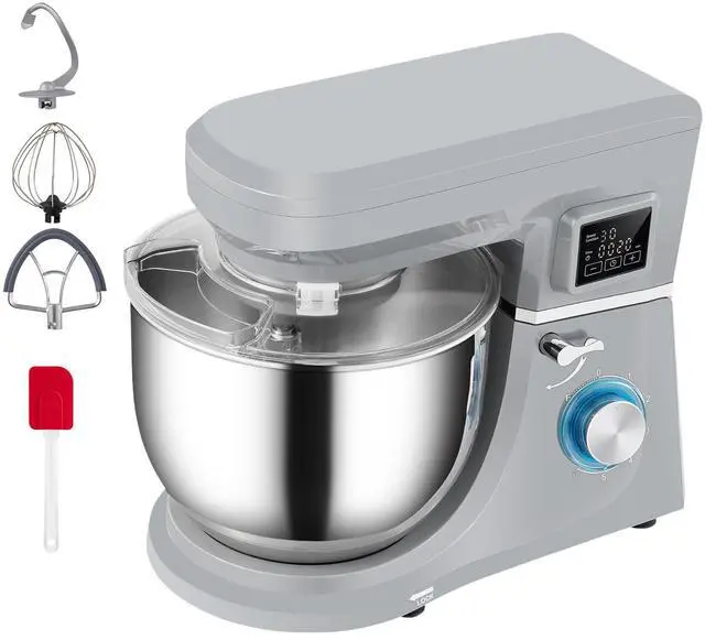 Alt view image 9 of 15 - VEVOR Stand Mixer, 660W Electric Dough Mixer with 6 Speeds LCD Screen Timing, Tilt-Head Food Mixer with 7.4 Qt Stainless Steel Bowl, Dough Hook, Flat Beater, Whisk, Scraper, Splash-Proof Cover - Gray