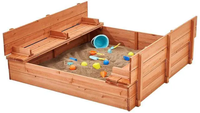 Alt view image 3 of 9 - VEVOR Wooden Sandbox, 52.4 x 47.2 x 16.9 in Sand Box, Sand Pit with Foldable Bench Seats and Bottom Liner, Natural Wood Kids Sandbox for Outdoor Backyard, Beach, Park, Gift for Boys Girls Ages 3-12