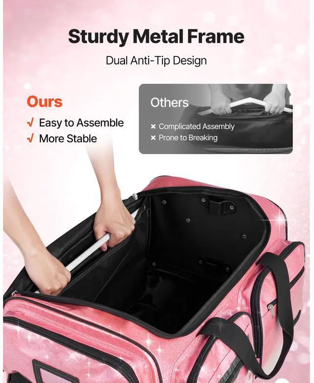 Alt view image 6 of 8 - VEVOR Dance Bag with Garment Rack, 23 Inch Rolling Dance Duffel, with Wheels, USB Port, Height Adjustable Clothes Rack, Privacy Protection Curtain, Ideal for Travel and Competitions, Sparkling Pink