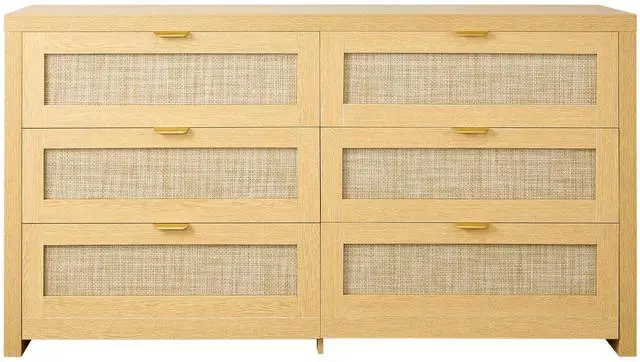 Main image of 6 Drawer Rattan Dresser, Double Dresser for Bedroom, Natural Rattan Chest of Drawer with Metal Handle, Modern Wood Chest Clothing Organizer & Storage for Bedroom, Living Room, Hallway, Burlywood