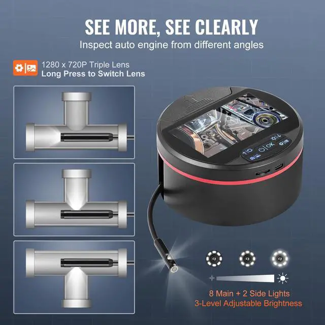 Alt view image 9 of 14 - VEVOR  Borescope Triple Lens Endoscope Camera with 4.3" IPS Screen 8 + 2 Lights